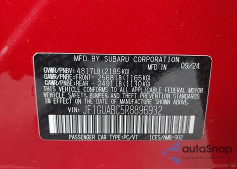 2024 Subaru Impreza Base 5-Door из США, поврежденный, VIN JF1GUABC5R8896932